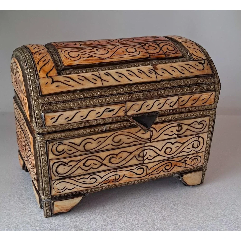 Antique Moroccan Camel Bone with Brass & Copper Inlay Dowry Chest